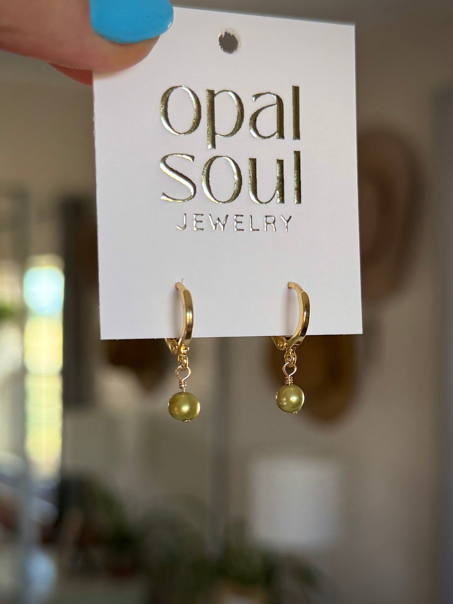 Simple Pearl Huggie Hoops - Green