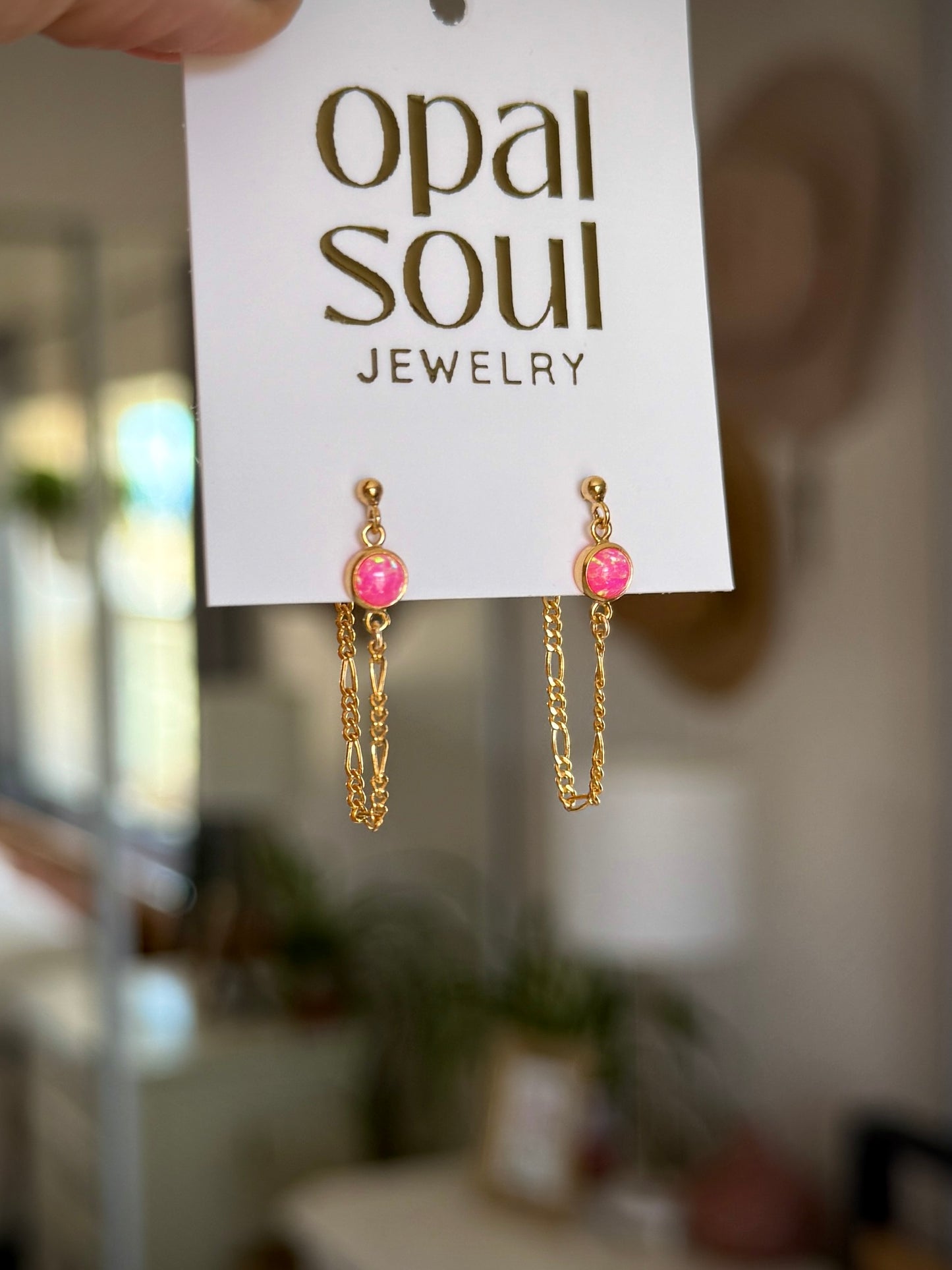 Opal Chain Loop Studs - Pink