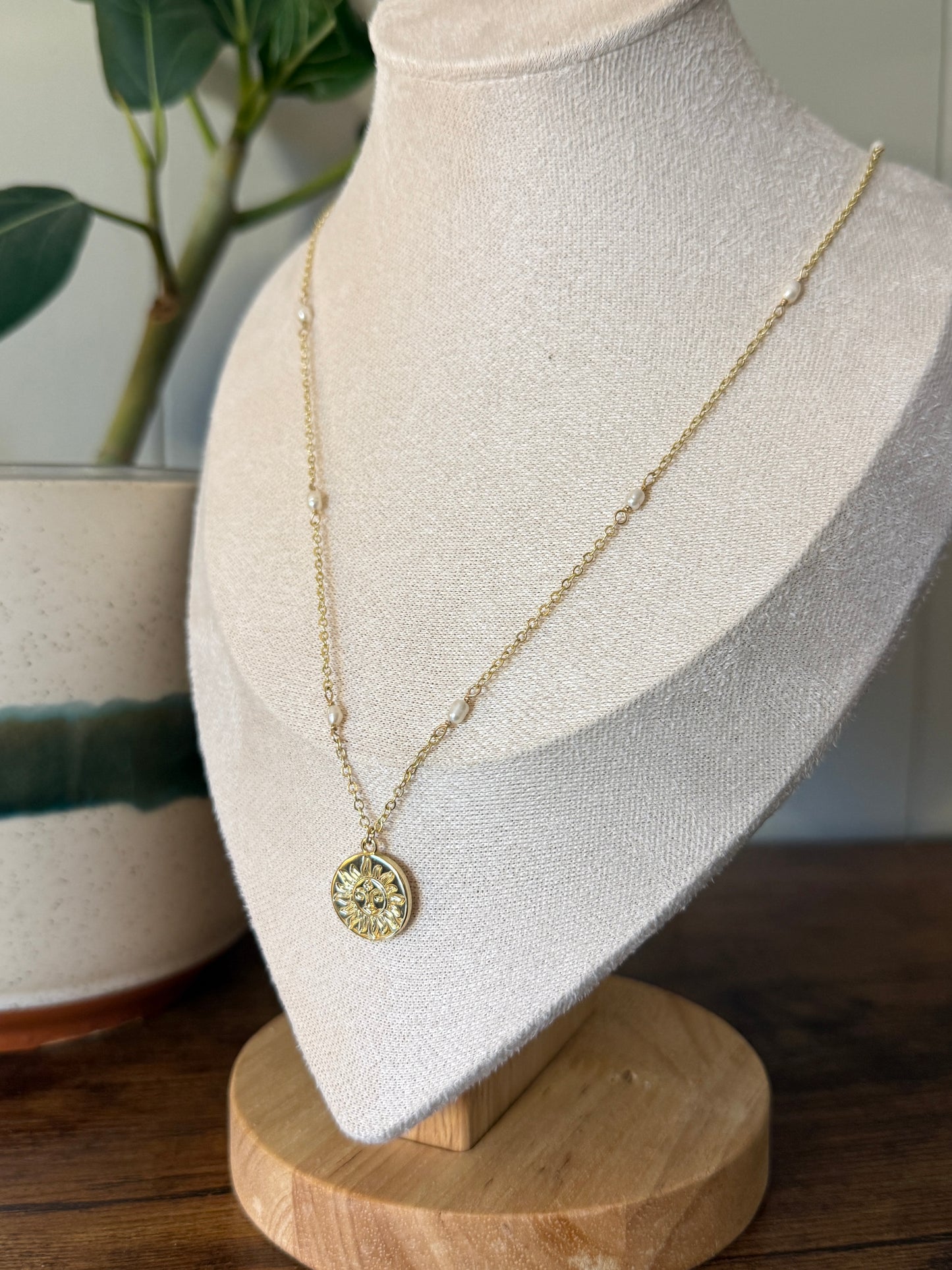 Pearl Chain Sun Charm Necklace