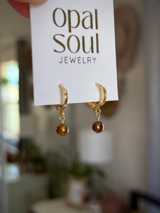 Simple Pearl Huggie Hoops - Brown