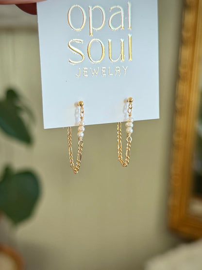 Tiny Pearl Stack Chain Loop Earrings