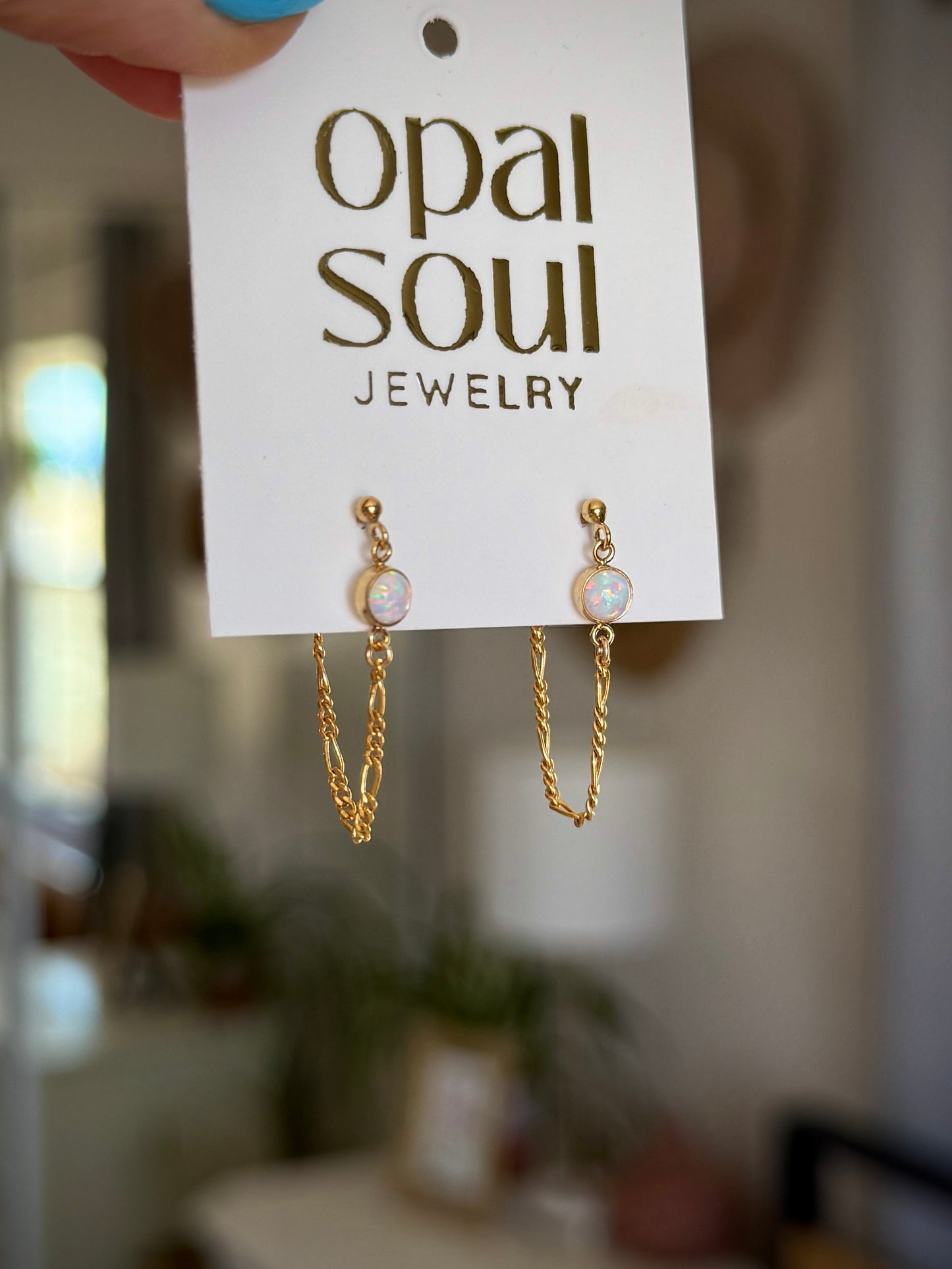 Opal Chain Loop Studs - White