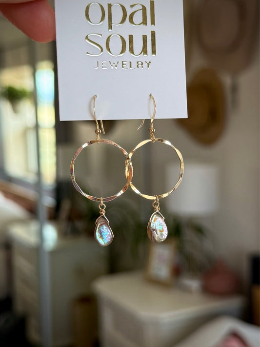 Hammered Hoop & Abalone Drop Earrings