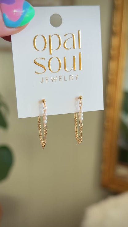 Tiny Pearl Stack Chain Loop Earrings