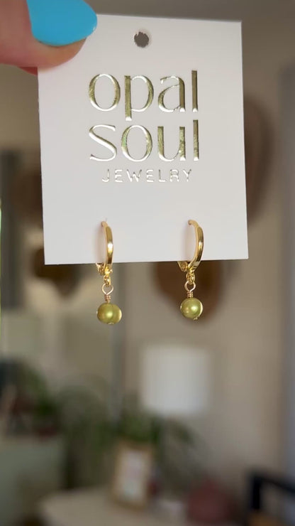 Simple Pearl Huggie Hoops - Green