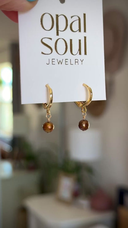 Simple Pearl Huggie Hoops - Brown